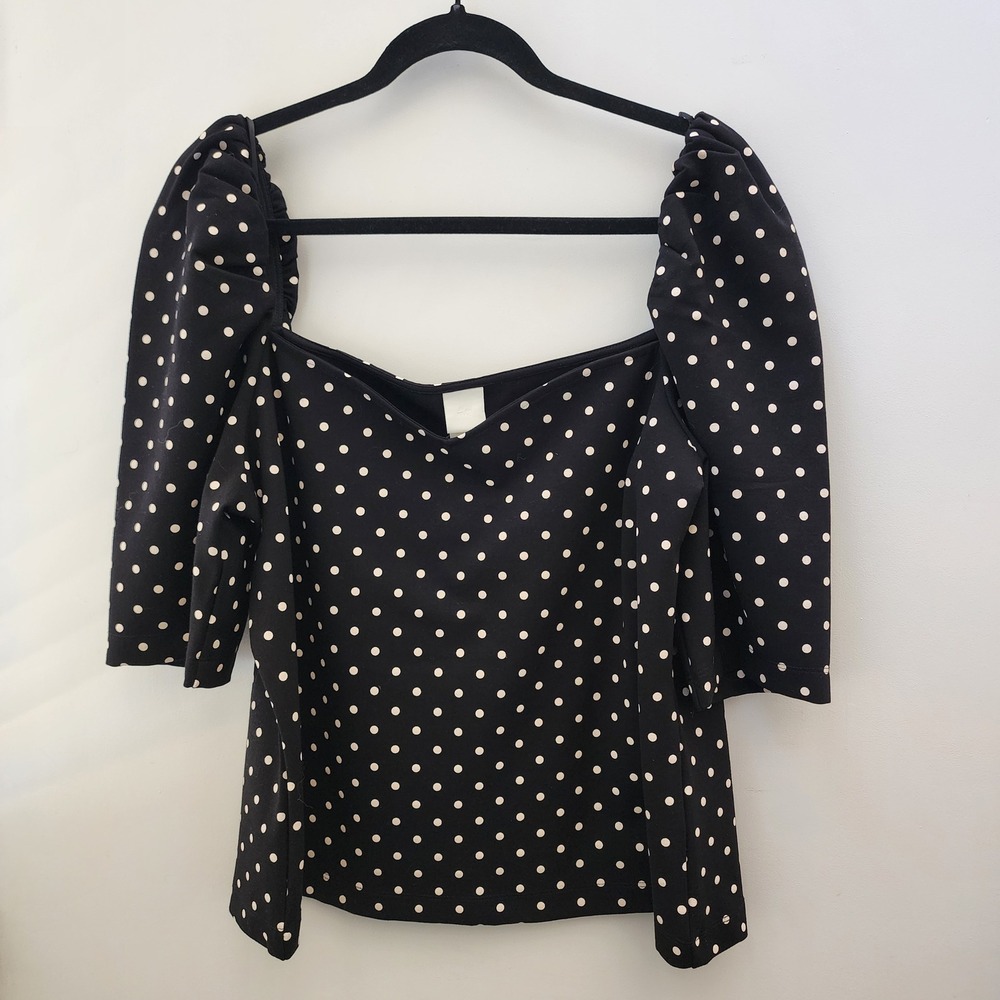 HM‎ Womens XL Polka Dot Puff Sleeve Sweetheart Neck Top Black White Knit Blouse